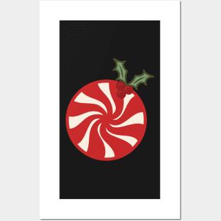 Retro Christmas Peppermint Candy Holly Berry Vintage Aesthetic Pattern Posters and Art